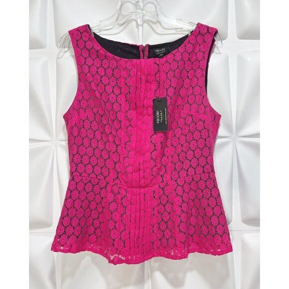 Nicole Miller Sz M Pink Lace Peplum Tank Top Sleeveless Blouse Womens NWT NEW - Picture 2 of 6
